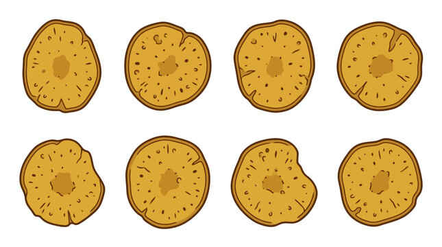 Eight distinct slices of dried pineapple featuring a rustic texture and natural golden brown colors arranged in a neat grid