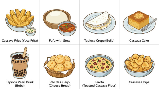 Illustrated collection showing diverse cassava based food items including tapioca pearls, crispy fries, cheese bread, savory crepes and tasty toasted flour
