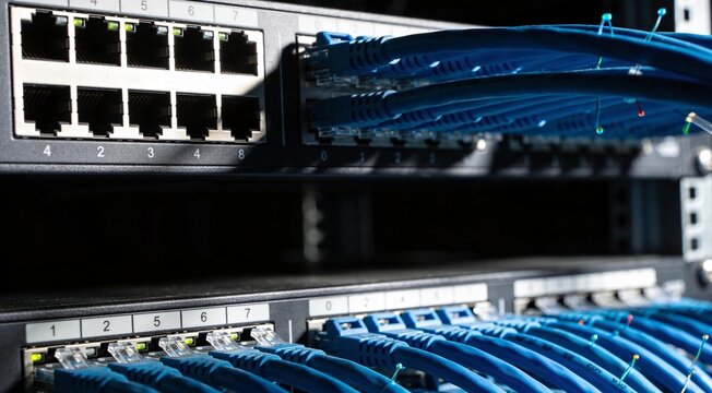 Premium telecommunications close up with organized optical cables and network switch ports, clean enterprise technology image for fiber infrastructure, bandwidth systems and secure connectivity