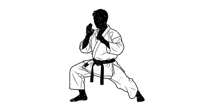 Karate fighter in stance, black and white illustration, martial arts concept