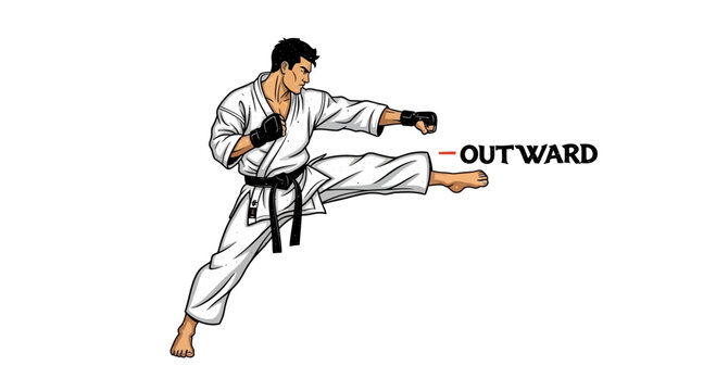 Karate fighter performing outward kick in white gi and black belt