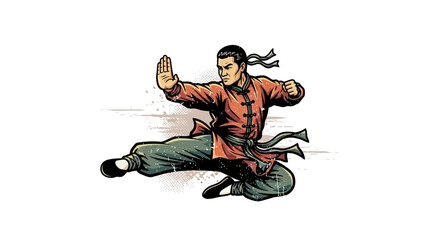 Fototapeta premium Martial Artist Performing Dynamic Kick in Traditional Chinese Attire
