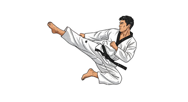 Martial artist performing a flying side kick in a white dobok