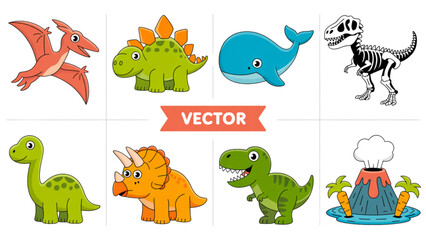 Colorful cartoon dinosaurs and animals playing together in a fun setting Vector © Sofiqul