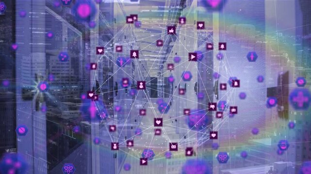 Passersby walking in corridor while incoming data forming pulsing tech network orb with icons above