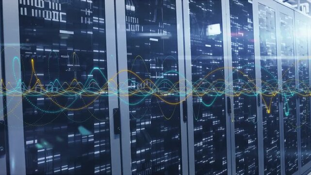 Server racks in data aisle pulsing LEDs and overlaying waveform with incoming data causing peaks