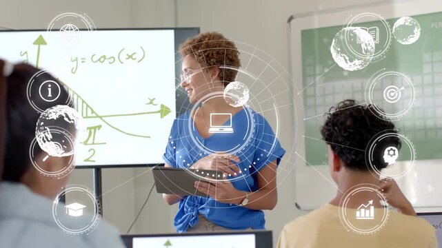 Teacher tapping tablet gesturing and teaching while HUD centering on her highlighting y=cos(x)