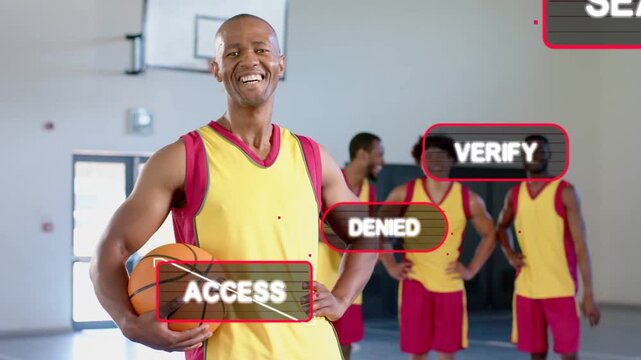 Lead player holding basketball smiling on sports court tech scan initiating verifying ACCESS UPLINK