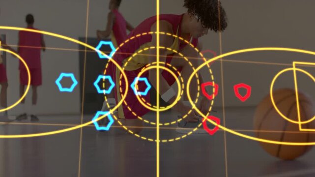 Tying sneaker, kneeling player activating sports HUD with target rings and hex markers for tactics