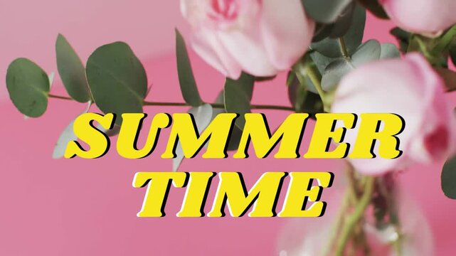 Vertical video: Opening showing SUMMER TIME on pink set roses and eucalyptus entering right