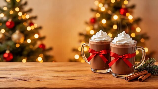 Two hot chocolates with Christmas tree