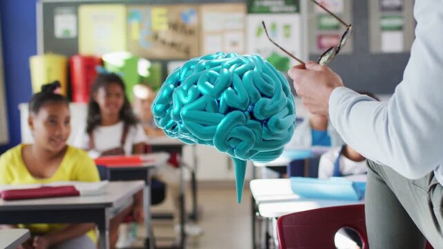 Teacher holding turquoise floating brain in elementary class, lifting glasses and teaching class