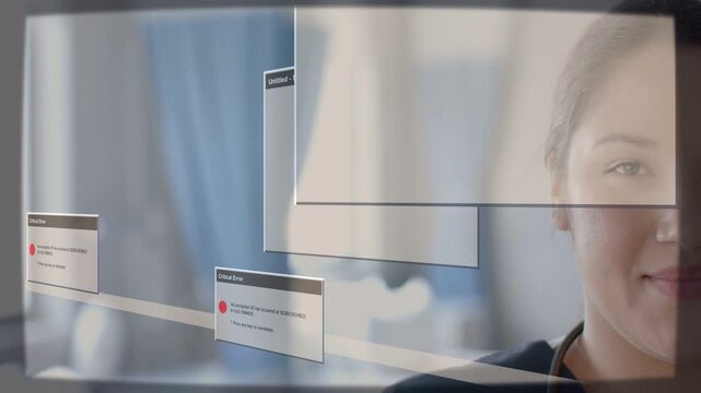 Critical Error dialogs appearing on glass over doctor's face, notepad sliding, showing medical risk