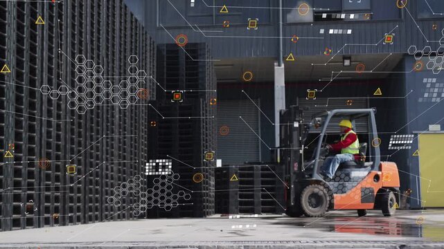 Warehouse forklift driver engaging controls, driving across dock to pallets, overlays appearing