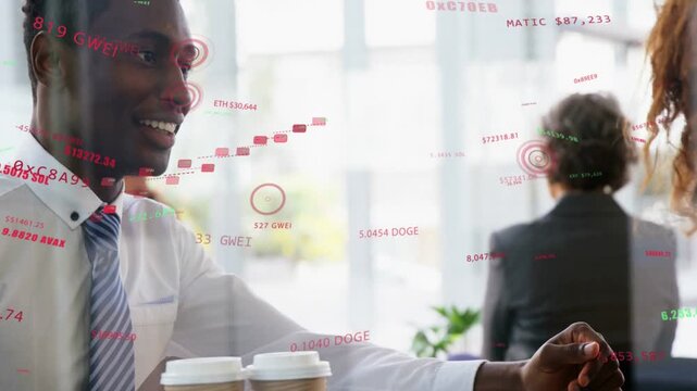 Businessman glancing at floating crypto charts, gesturing across table and discussing DOGE values