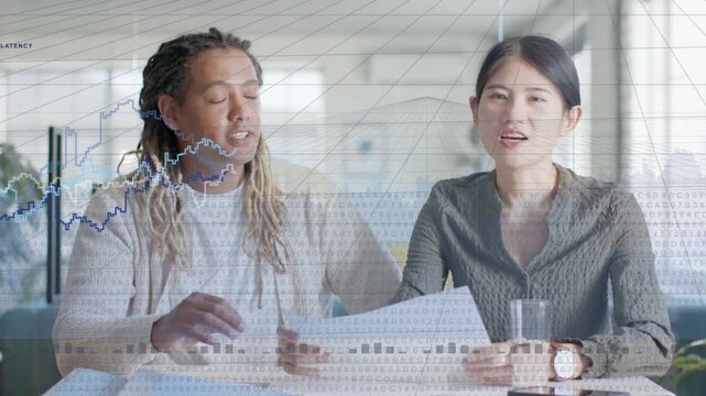 Male host starting talk passing doc while woman cohost explaining finance charts with animated grid