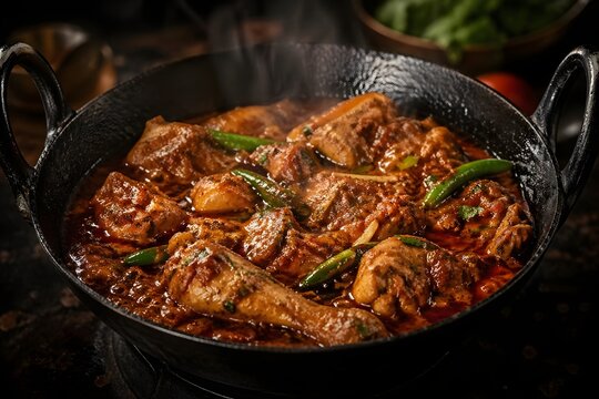 Spiced chicken curry simmers inside a traditional black iron kadai wok while emitting steam for a delicious homemade meal tonight