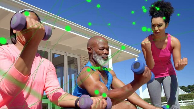 Fitness coach cueing duo doing curls with blue weights on patio, green overlay pulsing across group