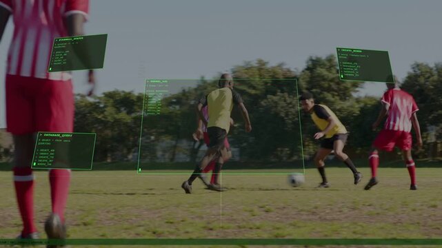 Red player on ball, sliding tackle freeing ball, player driving to score, sports HUD