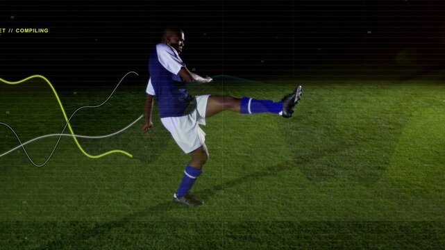 Male footballer shifting, stepping and kicking ball, sending forward wave and scanlines on player
