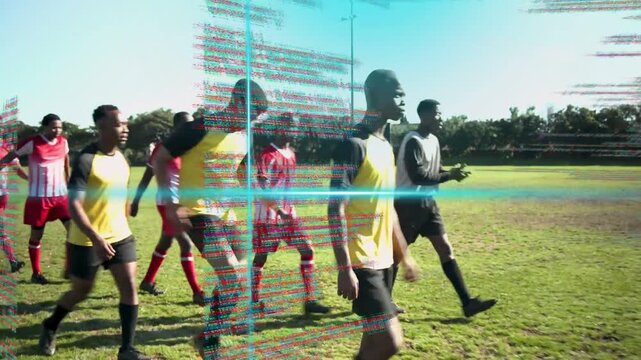 Camera panning as two soccer teams walking to goal player dribbling ball cyan lines obscuring frame