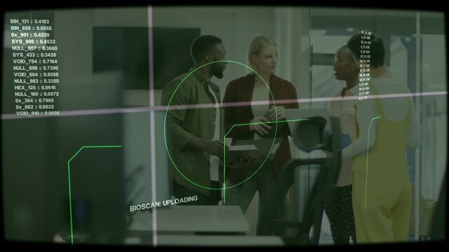 Man holding box initiating BIOSCAN upload while tech team checking console, HUD scan showing data