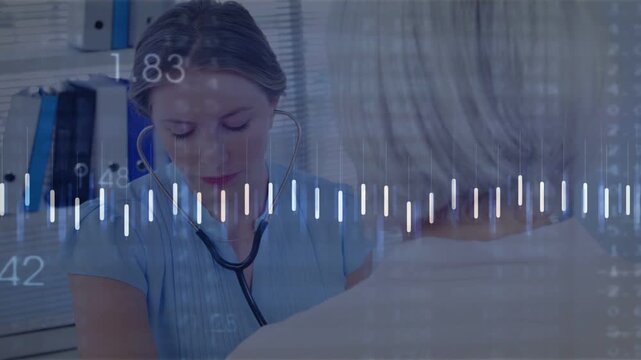Nurse using steth on pt back checking lungs while clinical overlay pulsing bars orange line numbers