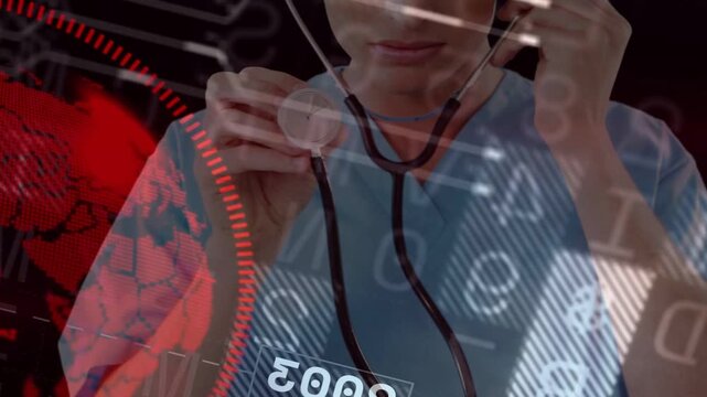 Male doctor holding chestpiece forward, placing earpieces and activating 2003 HUD for diagnosis
