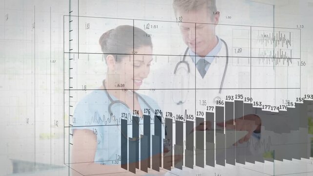 Nurse holding tablet and doctor tapping, ECG traces stretching, 3D bars rising for medical review