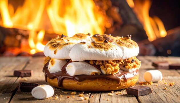 A decadent s'mores doughnut piled high with toasted marshmallows, chocolate, and graham cracker crumbs, served with a campfire backdrop