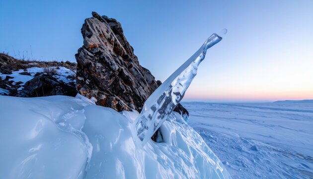 Sharp crystalline ice formations sculpted by winter encroaching upon a barren rocky terrain under a clear blue sky