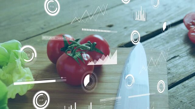 Vertical video: HUD initiating scanning of three vine tomatoes on cutting board, knife and lettuce