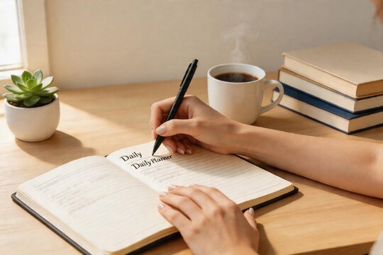 Person writing in daily planner on wooden desk