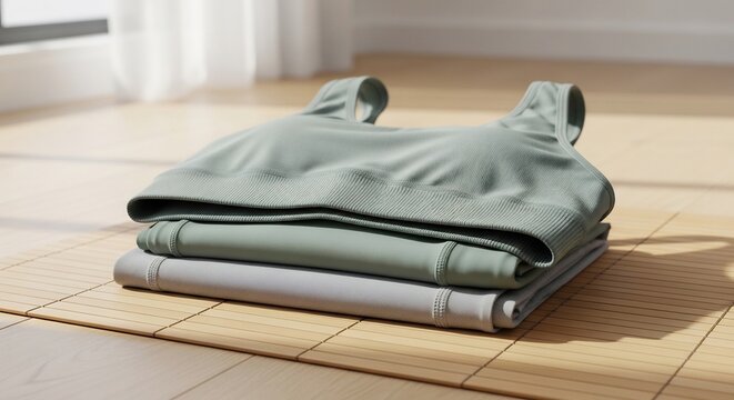 Stack of Folded Seamless Sports Bras and Leggings on Wooden Floor.