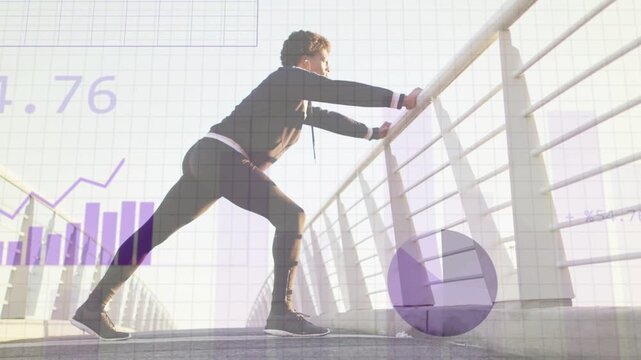 Man lunging on bridge holding railing, motion causing fitness charts growing and analysing data
