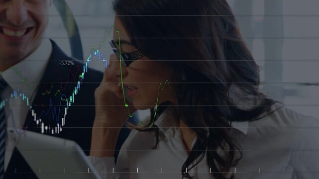 Woman starting phone call, office market charts animating over laptop and woman, causing smiles