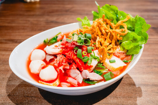 Food Noodles Soup Asian Thai Cuisine Pink Yen Ta Fo Traditional Street Food Bowl with Seafood and Tofu