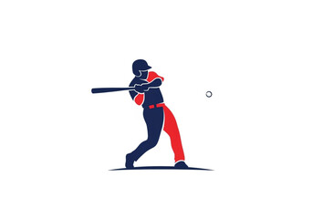 Fototapeta premium Minimalist Baseball Player Batter Hitting Ball Silhouette Logo Illustration in Blue and Red