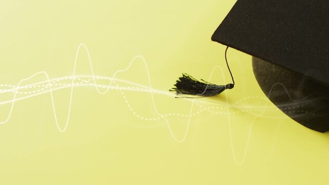 Waveform moving right on yellow making cap tassel swinging left fluttering damping showing audio