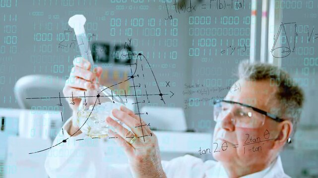 Sample sparking senior chemist lifting and testing in lab, binary digits and formulas floating