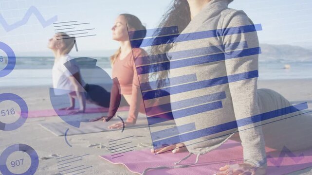 Three women deepening back-bend on beach as animated pie and bar charts sliding in tracking fitness