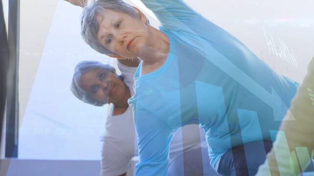 Lead woman starting fitness side stretch by leaning, lifting arm, peer mirroring, charts overlaying