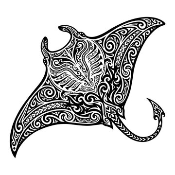 Ornate tribal manta ray icon featuring intricate Polynesian patterns and decorative ethnic motifs within a sleek black and white silhouette.
