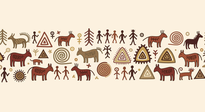 Ancient Cave Paintings Depicting Animals and Humans.