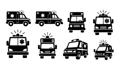 Ambulance vehicle icon set vector with emergency medical car silhouettes in multiple views minimalist design © HoriProshad