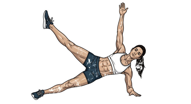 Woman performing side plank exercise with lifted leg and arm