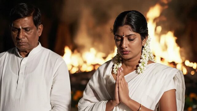 Two people dressed in white praying with hands clasped, near a large funeral pyre with flames, solemn atmosphere