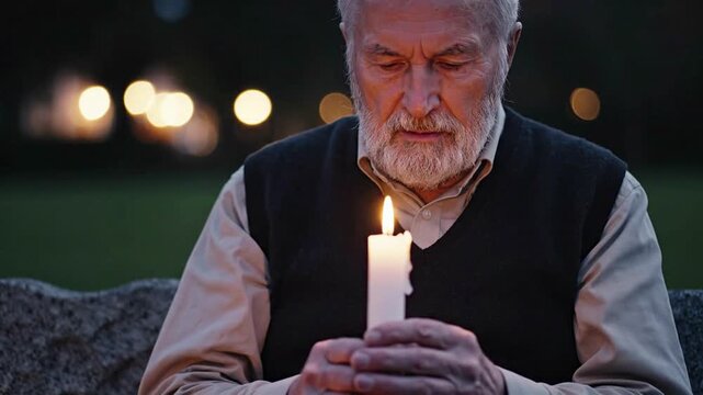 Elderly man with beard holding a lit candle in his hands at dusk, contemplating, spiritual, solemn, remembrance, bokeh lights in background