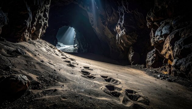 Series of footprints leading into a dark, foreboding cave entrance illuminated by a dramatic sunbeam.