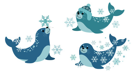 Three cartoon blue seals playing snow. © emal